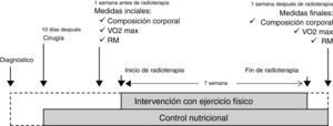 Cronograma desde el diagnóstico hasta la intervención terapéutica incluyendo radioterapia y ejercicio terapéutico.