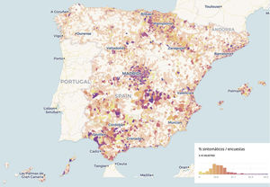 Proporción de casos estimados de infección COVID-19 respecto a las respuestas obtenidas en el cuestionario en el territorio español.