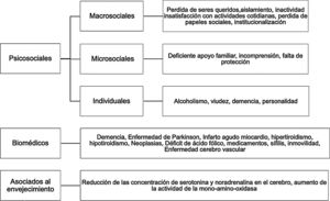 Factores de riesgo para depresión en la población mayor. Elaboración propia con base en: Roca-Socarrás et al.14, Ruiz-Chavarría36y Pérez-Martínez39.