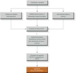 Algoritmo diagnóstico en pacientes con patrón extracraneal típico de vasculitis de grandes vasos. PCR: proteína c reactiva; PET/TAC: tomografía axial por emisión de positrones; PMR: polimialgia reumática; RM/TC: resonancia magnética nuclear; TC: tomografía computarizada; VSG: velocidad de sedimentación globular. Fuente: elaboración propia.