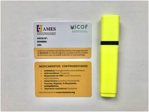 Tarjeta identificadora de fármacos contraindicados en miastenia gravis. Fuente: Asociación Miastenia de España (AMES).