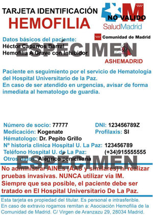 Tarjeta de identificación del paciente con hemofilia. Fuente: Asociación de Hemofilia de la Comunidad de Madrid (ASHEMADRID). Nota: por motivos de confidencialidad, en la tarjeta no figuran el nombre y apellidos del hematólogo responsable.