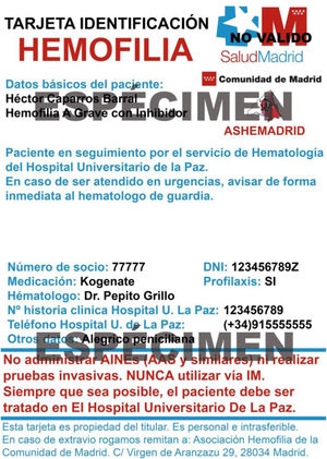 Tarjeta de identificación del paciente con hemofilia. Fuente: Asociación de Hemofilia de la Comunidad de Madrid (ASHEMADRID). Nota: por motivos de confidencialidad, en la tarjeta no figuran el nombre y apellidos del hematólogo responsable.