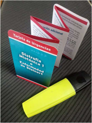 Tarjeta de urgencias para distrofia miotónica tipo 1 o enfermedad de Steinert. Fuente: Archivo del autor.