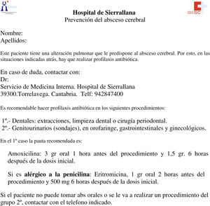 Pasaporte hospitalario para la telangiectasia hereditaria hemorrágica o enfermedad de Rendu-Osler-Weber dirigido a la prevención del absceso cerebral. Fuente: Unidad de HHT, Hospital Sierrallana, Cantabria.