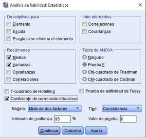 SPSS: desplegable de modelo y de tipo. Modelo: mixto de dos factores; aleatorio de dos factores; aleatorio de un factor. Tipo: acuerdo absoluto; consistencia.