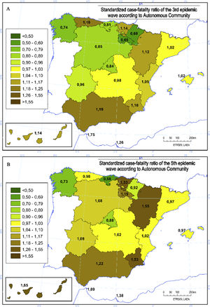 Map of standardized case-fatality ratio in the 3rd (A) and 5th (B) epidemic waves by Autonomous Community.