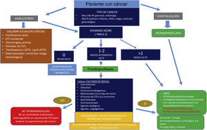 Algoritmo: Resumen del manejo del paciente con cáncer con posible ETV, diagnóstico y tratamiento, creación propia. Fuente: adaptada de Khorana AA et al.15 y Samuelson BT et al.57. ACODS: anticoagulantes orales directos; CVC: catéter via central; ETV: enfermedad tromboembólica.