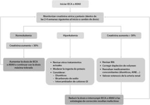 Algoritmo de monitorización del tratamiento con IECA o ARAII en ERC: ajuste de dosis y seguimiento de efectos secundarios AINE: antiinflamatorios no esteroideos; ARAII: antagonistas de los receptores de angiotensinaII; GI: gastrointestinal; IECA: inhibidores de la enzima convertidora de la angiotensina; IRA: insuficiencia renal aguda. Fuente: adaptada de KDIGO23 y de Clase et al.42.