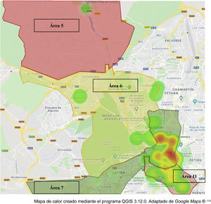 Heatmap de los centros de salud distribuidos por Áreas Sanitarias.