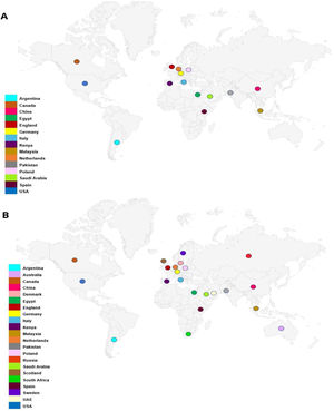 Distribución geográfica del grupo de expertos del documento de consenso internacional sobre la integridad de los ensayos clínicos: (A) según el lugar de filiación en el momento del consenso; y (B) según la experiencia profesional relevante (solo se han comunicado los datos de los miembros con derecho a voto).