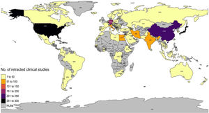 Número de estudios clínicos retractados por país según Retraction Watch Database. Tomado de: http://retractiondatabase.org44.