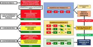 Algoritmo diagnóstico propuesto y consensuado para el diagnóstico de insuficiencia cardiaca en la consulta de Atención Primaria AP: antecedentes personales; ECG: electrocardiograma; EF: exploración física; DM: diabetes mellitus; HTA: hipertensión arterial; IC: insuficiencia cardiaca; MC: motivo de consulta; MMII: miembros inferiores.