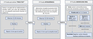 Cronograma con pruebas para el diagnóstico de alergia a penicilina de tipo i.*Dosis terapéuticas más utilizadas en los estudios: 250 o 500mg amoxicilina (se aconseja usar suspensión con 250mg amoxicilina/5ml). Fuente: elaboración propia.