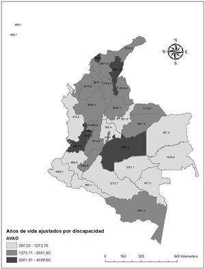 Tasas de años de vida ajustado por discapacidad por departamento, 2018-2022.