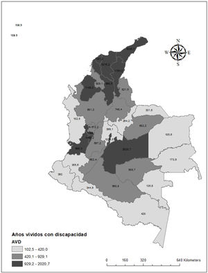 Tasas de años vividos con discapacidad por departamento, 2018-2022.