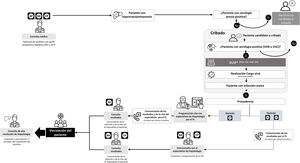 Circuito asistencial de la detección precoz de hepatitis víricas en pacientes con hipertransaminasemia. DUSP: diagnóstico en un solo paso de las hepatitis víricas; AH: atención hospitalaria; ALT: alanina aminotransferasa; AP: atención primaria; AST: aspartato aminotransferasa; CP: centro penitenciario; FL: facultativo de laboratorio; VHB: virus de hepatitisB; VHC: virus de hepatitisC; VHD: virus de hepatitisD; VIH: virus de inmunodeficiencia humana.