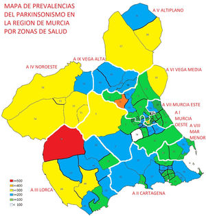 Representación geográfica de las prevalencias del parkinsonismo por zonas de salud (ZZ.SS.).