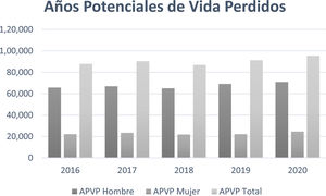 Distribución de los años potenciales de vida perdidos por año y sexo Fuente: INE. Elaboración propia, 2024. APVP: años potenciales de vida perdidos.