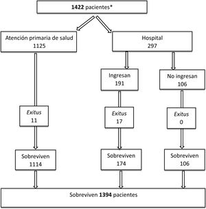 Diagrama de flujo de los pacientes incluidos y evolución de la COVID-19 *Se excluyeron 216 pacientes. Fueron criterios de exclusión tener documentación clínica incompleta (ausencia de registro de antecedentes o evolución de la infección) o ausencia de confirmación diagnóstica de la infección.