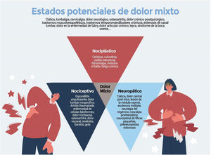 Los 3 tipos diferentes de dolor definidos por la IASP dan lugar a una superposición que puede reconocerse como «dolor mixto». Adaptada de Freynhagen et al.11).