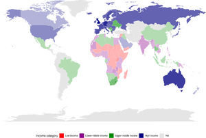 Countries included in the scoping review of ethics and consent in randomized clinical trial integrity categorized per their income (the color intensity proportionates to the number of related studies; grey (NA) countries were not included. For example, deep blue means high income and coverage by several studies, while light blue means high income and coverage by a low number of studies).