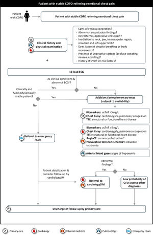 Algorithm for multidisciplinary referral of patients with stable COPD presenting with exertional chest pain. aFindings to consider abnormal ECG: 2nd or 3rd degree atrioventricular block, sustained or non-sustained ventricular arrhythmias, clinically poorly tolerated or newly diagnosed supraventricular arrhythmias, frequent, coupled, multifocal or polymorphic ventricular extrasystoles, complete left bundle branch block, signs of myocardial ischaemia (ST segment or T wave changes), pathological Q waves, signs of left ventricular hypertrophy, corrected QT segment prolongation, Brugada syndrome, pre-excitation signs. bEspecially in intermediate-risk patients. cExercise echocardiography, dobutamine echocardiography or adenosine scintigraphy. AngioCT: computed tomography angiography; COPD: chronic obstructive pulmonary disease; CV: cardiovascular; CVD: cardiovascular disease; ECG: electrocardiogram; IM: internal medicine; TTE: transthoracic echocardiogram; usTnT: ultrasensitive troponin T.