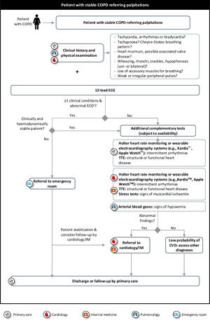 Algorithm for multidisciplinary referral of patients with stable COPD presenting with palpitations. aFindings to consider abnormal ECG: 2nd or 3rd degree atrioventricular block, sustained or non-sustained ventricular arrhythmias, clinically poorly tolerated or newly diagnosed supraventricular arrhythmias, frequent, coupled, multifocal or polymorphic ventricular extrasystoles, complete left bundle branch block, signs of myocardial ischaemia (ST segment or T wave changes), pathological Q waves, signs of left ventricular hypertrophy, corrected QT segment prolongation, Brugada syndrome, pre-excitation signs. COPD: chronic obstructive pulmonary disease; CVD: cardiovascular disease; ECG: electrocardiogram; IM: internal medicine; TTE: transthoracic echocardiogram.