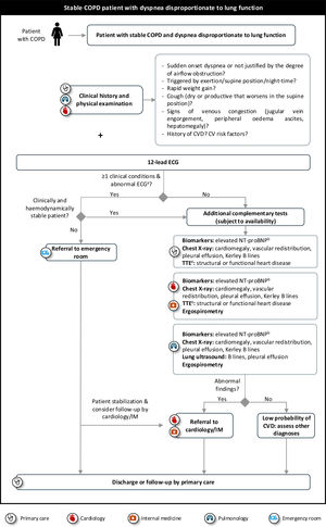 Algorithm for multidisciplinary referral of patients with stable COPD and dyspnea disproportionate to their lung function. aFindings to consider abnormal ECG: 2nd or 3rd degree atrioventricular block, sustained or non-sustained ventricular arrhythmias, clinically poorly tolerated or newly diagnosed supraventricular arrhythmias, frequent, coupled, multifocal or polymorphic ventricular extrasystoles, complete left bundle branch block, signs of myocardial ischaemia (ST segment or T wave changes), pathological Q waves, signs of left ventricular hypertrophy, corrected QT segment prolongation, Brugada syndrome, pre-excitation signs. bSee Table S1 for NT-proBNP reference values for the diagnosis of heart failure. cIn case of a poor acoustic window, consider cardiac MRI. COPD: chronic obstructive pulmonary disease; CV: cardiovascular; CVD: cardiovascular disease; ECG: electrocardiogram; IM: internal medicine; MRI: magnetic resonance imaging; NT-proBNP: N-terminal pro-B-type natriuretic peptide; TTE: transthoracic echocardiogram.