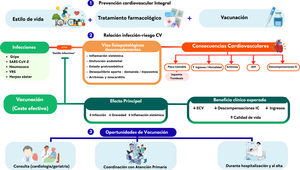 Circuito de implementación y seguimiento de la vacunación en pacientes con enfermedad cardiovascular dentro del sistema sanitario. El modelo propone el registro sistemático en la historia clínica electrónica, la protocolización hospitalaria, la inclusión en indicadores de calidad asistencial y la evaluación en los distintos puntos de contacto (hospitalización, alta y consulta ambulatoria), generando un proceso continúo orientado a mejorar cobertura y resultados clínicos.