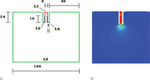 a) dominio de diseño, b) distribución de esfuerzos de von Mises