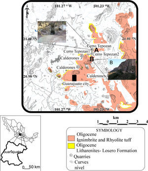 Sketch map of the Guanajuato area: a) Losero Formation quarry, Via Embajadoras; b) Ignimbrite and rhyolite tuff outcrop, Cerro La Bufa locality
