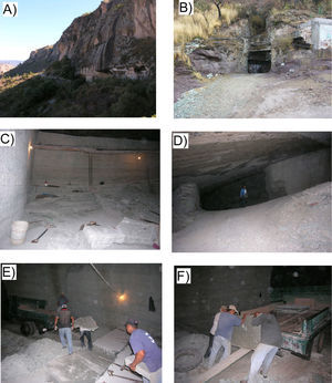 Cerro Tepozán quarry and the extraction of the Losero Formation, a) Cerro La Bufa, b) Cerro Tepozán quarry, c,d, e, f) Inside the Cerro Tepozán quarry