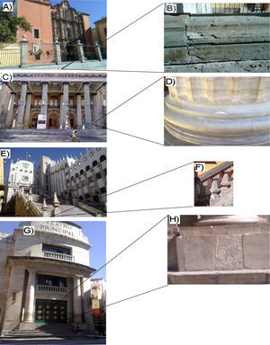 a) Belen church main facade in Guanajuato city. The Losero Formation and ignimbrite and rhyolite tuff, b) A fissure and scaling in the Losero Formation, c) The Juárez Theater, the Losero Formation and ignimbrite and rhyolite tuff, d) Discoloration and scaling, the Losero Formation, e) Guanajuato University, f) Fissure, decoloration and scaling, the Losero Formation, g) The Principal Theater, h) Scaling, the Losero Formation