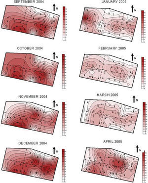 Curves of isoconcentration of methane (in % by volume) at the Merida landfill