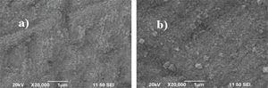 Micrografías de la morfología superficial de las películas delgadas de BTO depositadas sobre sustratos de Nicromel usando a) temperatura de sustrato y b) pos-tratamiento térmico a 548.8°C