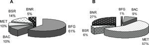 Distribución porcentual de los grupos funcionales presentes en el lodo anaerobio de los reactores UASB alimentados con glucosa (A) y aguas de producción petroleras (B). BFG: bacterias fermentadoras de glucosa, BAC: bacterias acetogénicas, MET: metanógenos, BSR: bacterias sulfato-reductoras, BNR: bacterias nitrato-reductoras