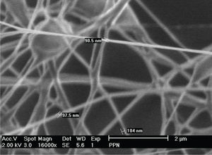 Imagen de MEB de fibras de polipirrol/óxido de polietileno/nylon-6 obtenidas por electrohilado a 16000x