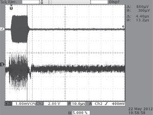 Lectura de señal en la salida del preamplificador (canal 1) después de retirada la muestra de la sonda. El canal 2 corresponde a la referencia tomada del pulso de RF a través del acoplador direccional