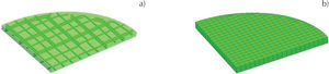 Malla de elementos finitos en losa elíptica: a) acero de refuerzo y b) concreto reforzado