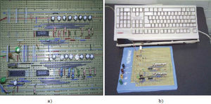 Implementación física del prototipo de comunicación, a) prototipo de implementación de 16 teclas, b) conexión directa entre los dos teclados hacia el ordenador