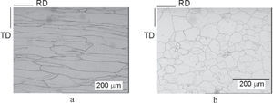 Cross-section images of grains distribution in Ni samples after 75% cold rolling (a) and cold rolling and annealing at 600°C during 30 minutes (b), obtained by optical microscopy Cross-section images of grains distribution in Ni samples after 75% cold rolling (a) and cold rolling and annealing at 600°C during 30 minutes (b), obtained by optical microscopy