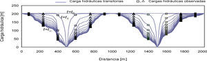 Distribución de la carga hidráulica transitoria. Los cuadros y los triángulos indican los valores observados