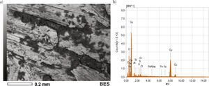 Micrografía y análisis EDS del cobre correspondiente al primer mes de exposición en el UTTAB (enero 2012).