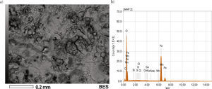 Micrografía y análisis EDS del acero correspondiente al primer mes de exposición en el ITVH (enero 2012).