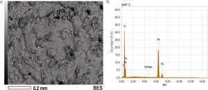 Micrografía y análisis EDS del acero correspondiente al primer mes de exposición en la UTTAB (enero 2012).