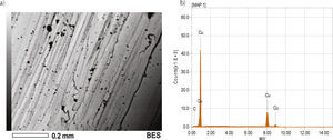 Micrografía y análisis EDS del cobre correspondiente al primer mes de exposición en el UTTAB (enero 2012).