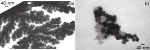 Micrografías MET de nanopartículas de Rh obtenidas a partir del precursor [Rh(acac)(1,5-C8H12)] en atmósfera de H2 y en tolueno en presencia de: a) 2 eq. y b) 20 eq. de HDA.