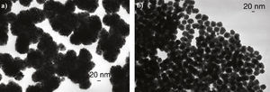 Micrografias MET de los sistemas de nanoestructuras de Rh obtenidas a partir del precursor [Rh(acac)(1,5- C8H12)] en atmósfera de H2 y en THF.