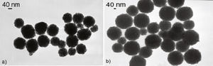 (a-b) Micrografías MET de nanopartículas de Rh obtenidas a partir del precursor [Rh(acac)(1,5-C8H12)] en atmósfera de H2 y en THF en presencia de 2 y 20 eq. de acetilacetona, respectivamente.